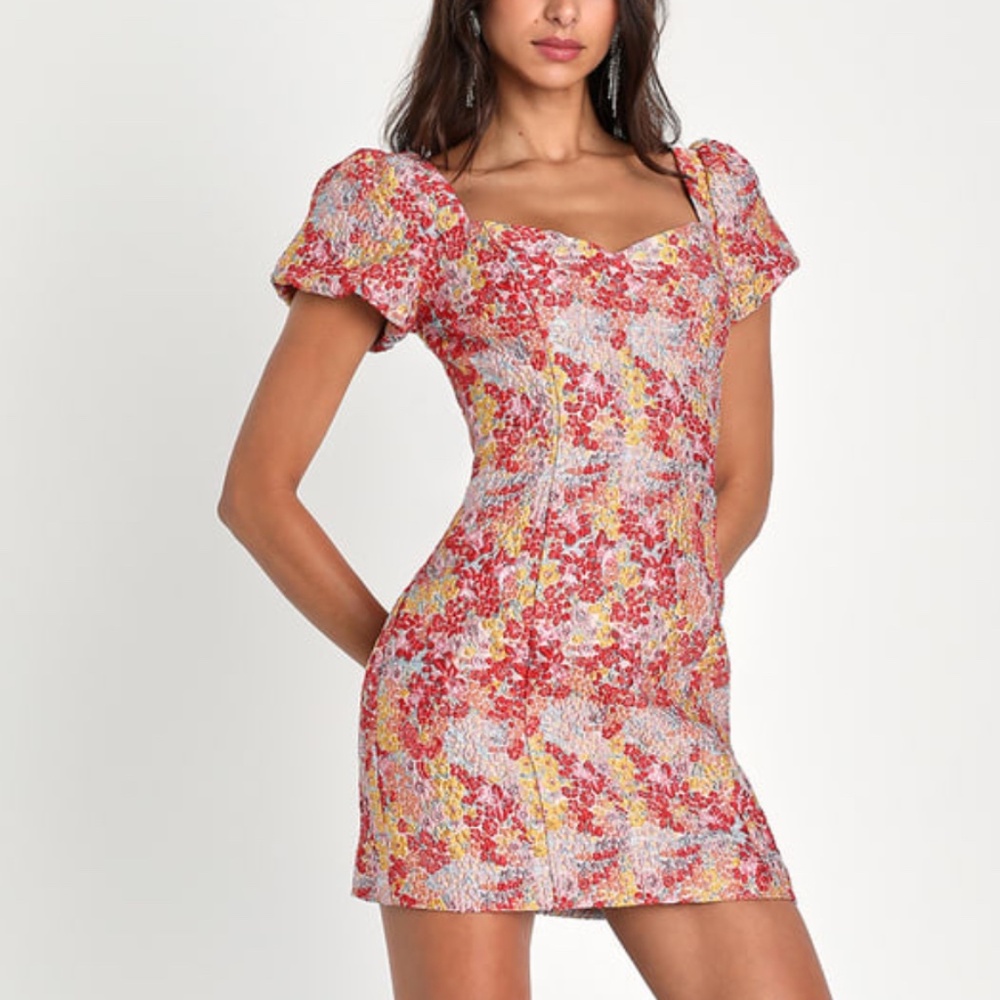 Sweetest Essence Blush Floral Jacquard Puff Sleeve Mini Dress